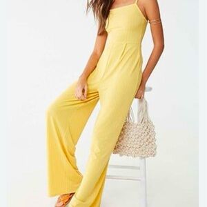Casual Yellow Belted Spaghetti Strap Jumpsuit